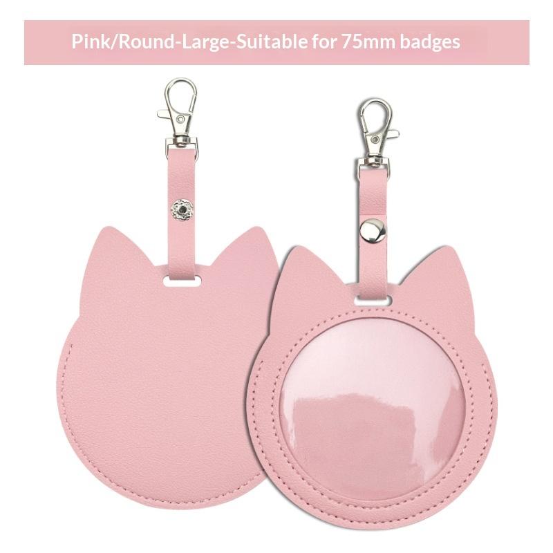 PU Leather Card Holder Cat Ear Design Cute Round Badge Reel For Work Office Travel Luggage Keychain Pendant