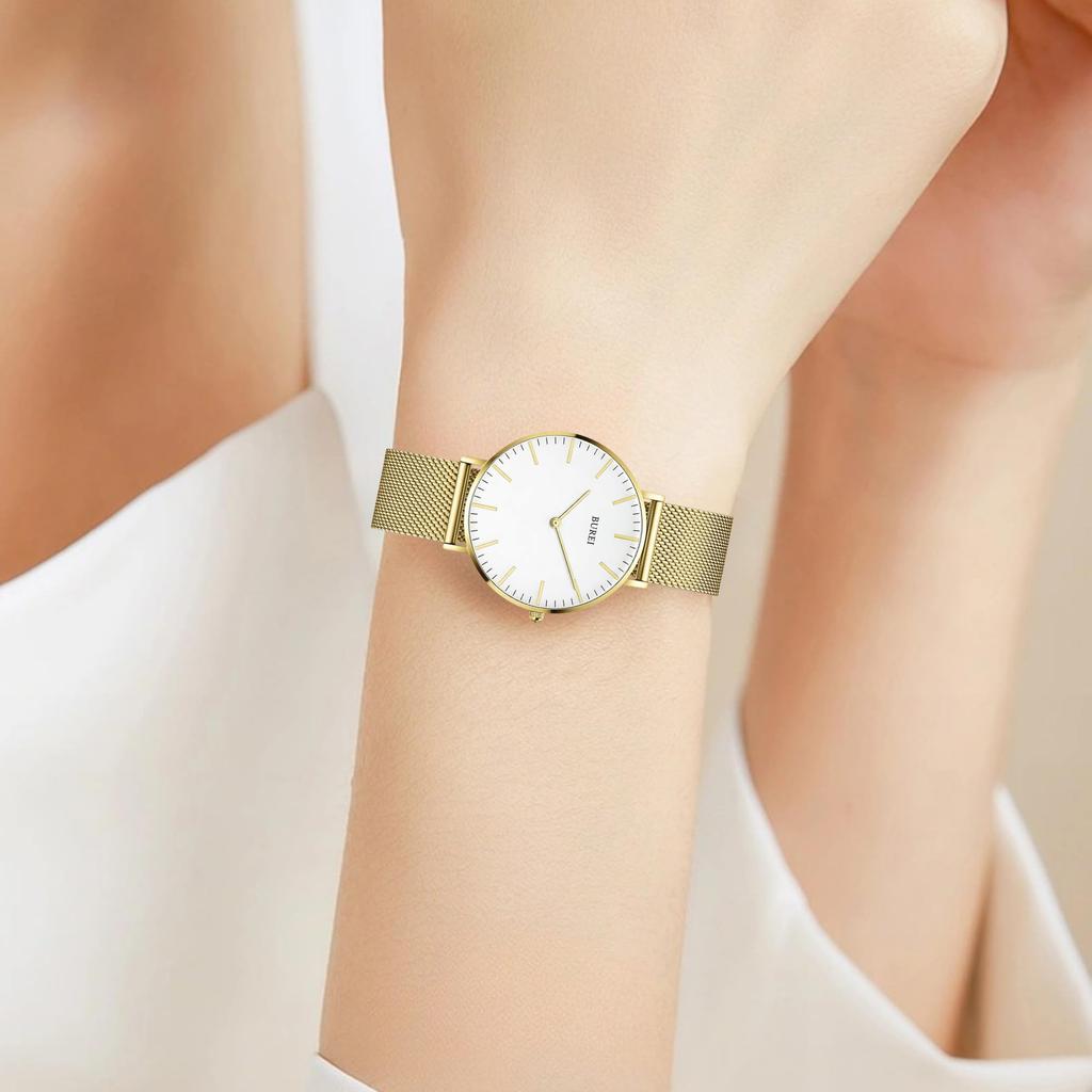 BUREI Women's Watch Analog Quartz Waterproof Mesh Band Stylish Brand Casual Popular Commute School Thin Lightweight Female Wristwatch (Gold, Gold,