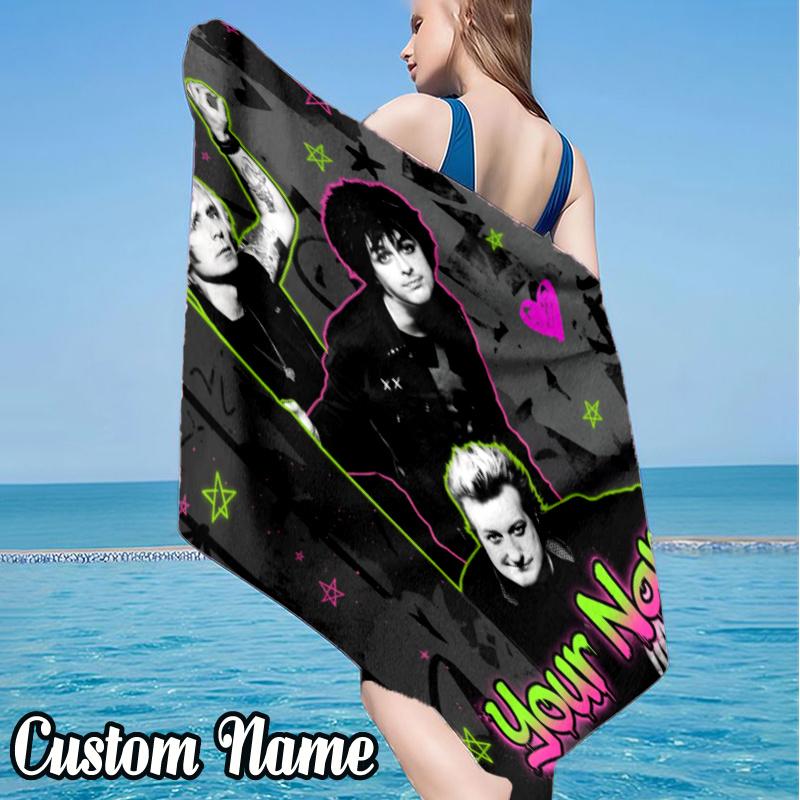 Custom Name Green Day Music Beach Towel - Soft, Ultra-Absorbent Microfiber, Lightweight, Perfect for Beach, Parties, Travel, Camping