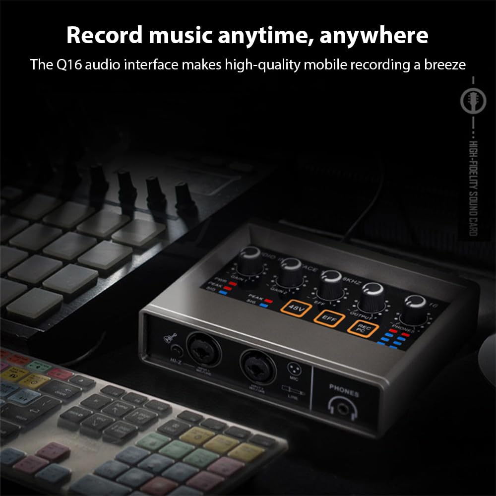 Audio Interface XLR Audio 48V Phantom Sound Plug and for Music Online and Vocal Black Recording, Interface, DSP, Reverb, Power, Card, 16-bit/48kHz