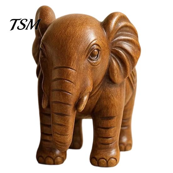 Symbol of Harmony Elephant Figurine Ornament, Resin Wood Grain Statue, Auspicious Retro Style Living Room Decoration Animal Sculpture for Home Office