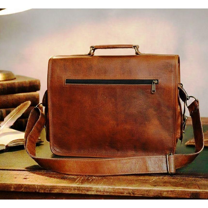 Brown Men's Goat Leather Vintage Laptop Shoulder Handmade Briefcase Bag Satchel
