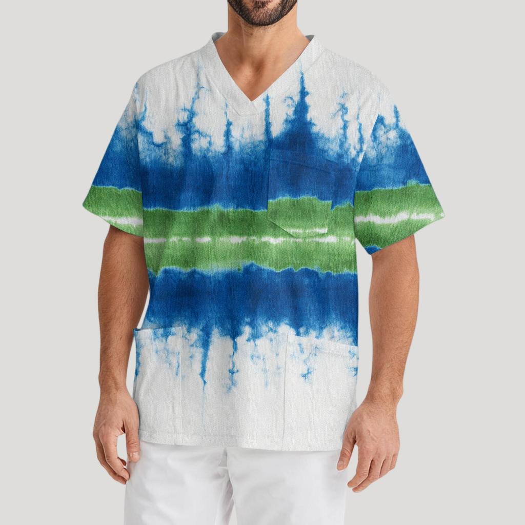 Men's Printing Short Sleeve V-neck Working Blouse Chest Pocket Carer Top