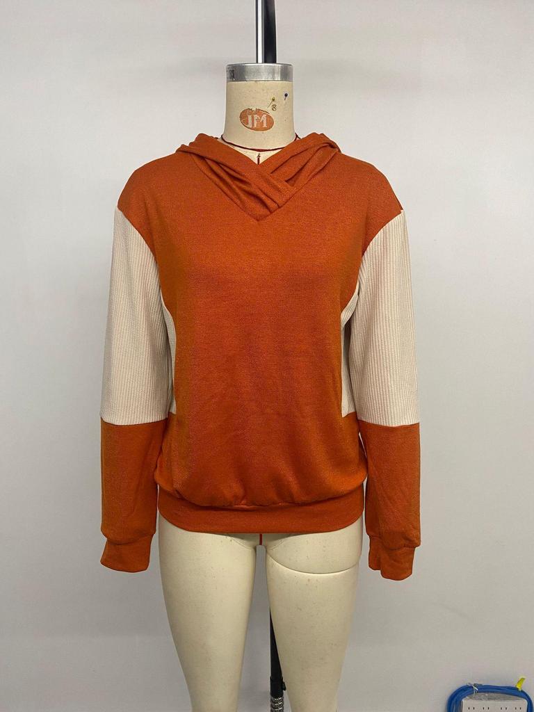 2025 Autumn Color Block Patchwork Knit Women's Hoodie with Hood
