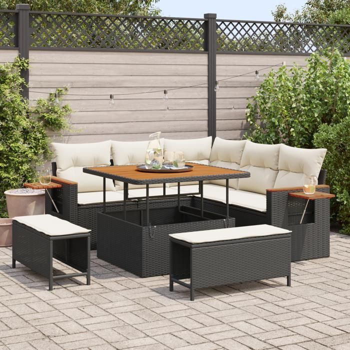 Ensemble de canapé de jardin 8 pièces vidaXL avec coussins noirs poly rattan, Ensemble de salle à manger de jardin 3 pièces 3363165
