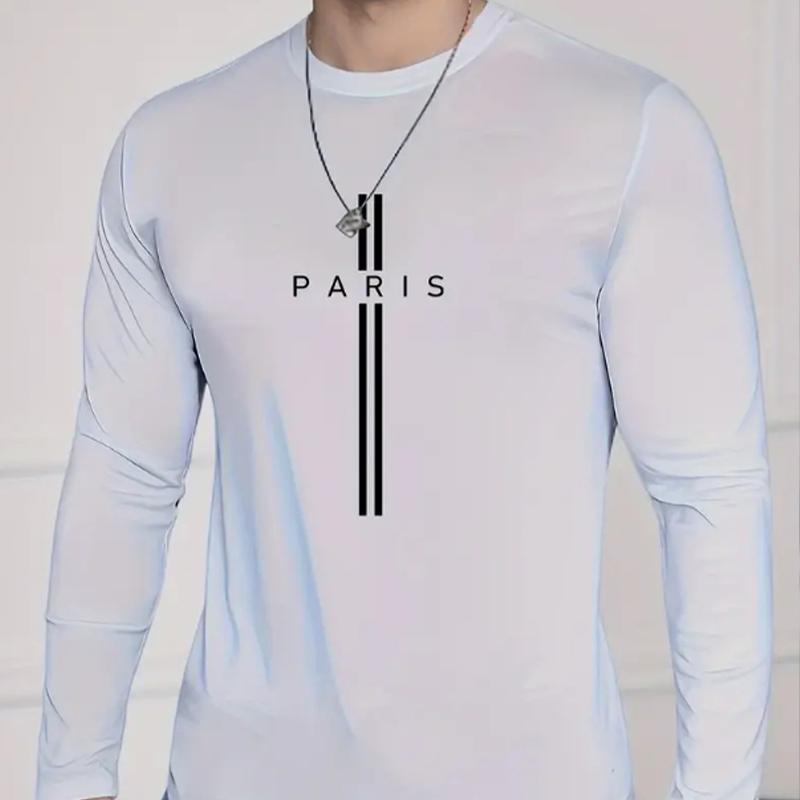 Simple Alphabet Print Men's Tshirts Long Sleeve Tees Round Neck Casual Pullover Men's Clothing Plus Size