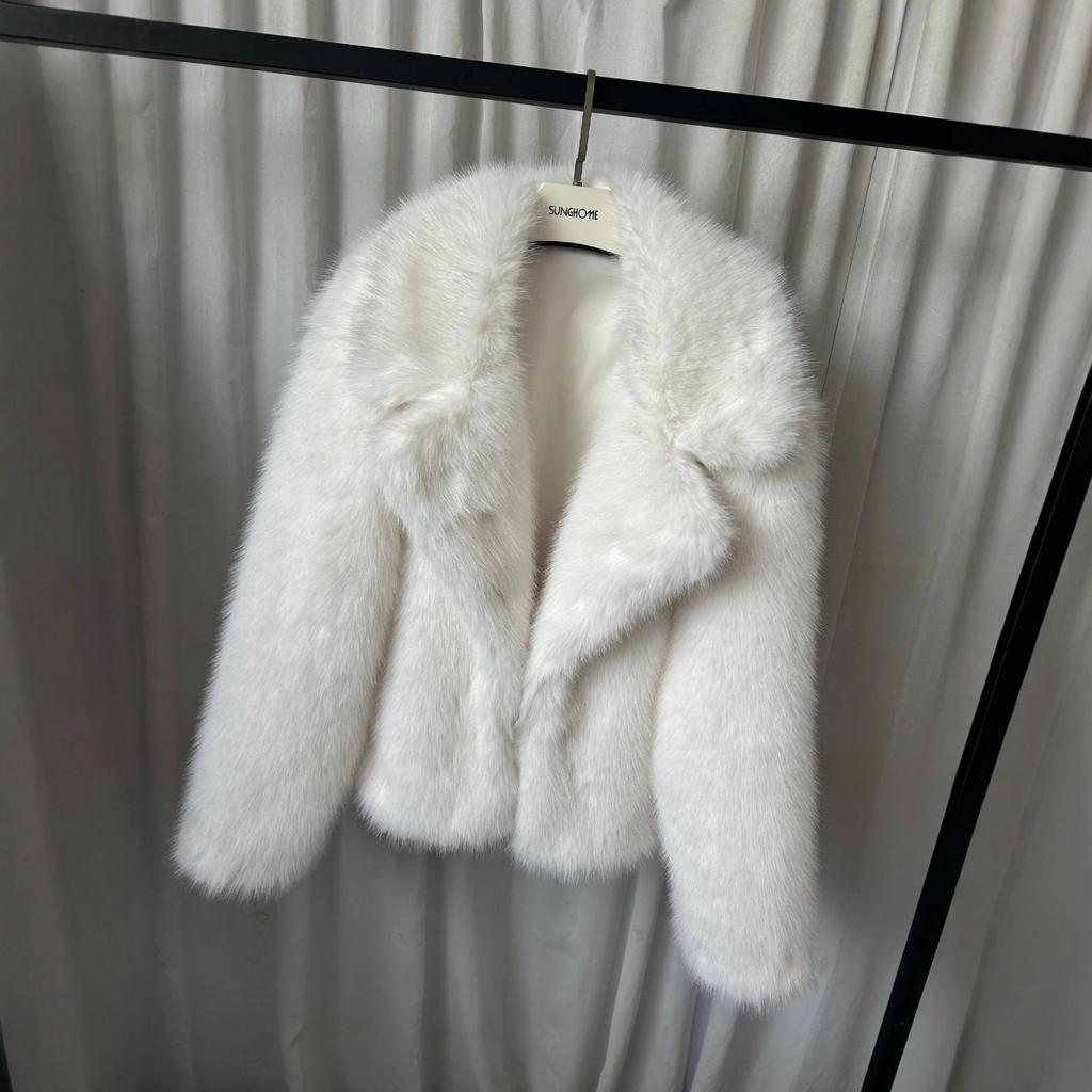 Damen Lapel Kragen Langarm Kunstpelzmantel Lockerer Schnitt Lässige Winter Kurze Jacke