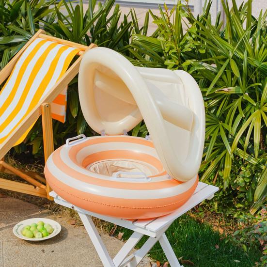 Inel gonflabil pentru bebeluși cu copertină, Inel plutitor gonflabil cu dungi pentru copii mici băieți fete, Inel pentru piscină cu protecție UV împotriva soarelui cu scaun de siguranță, Mânere