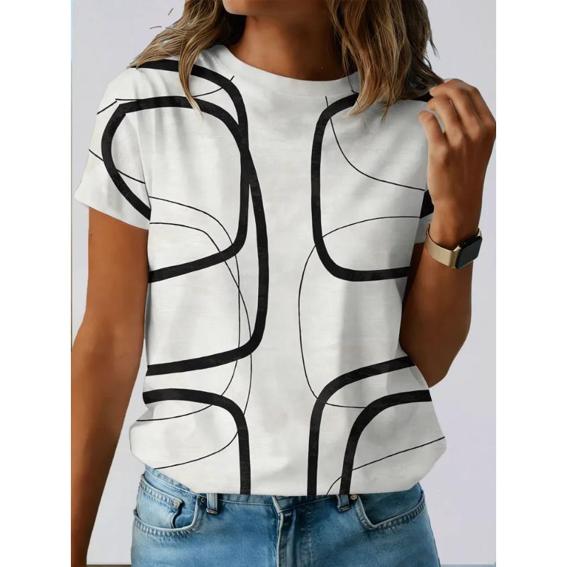 Fashion Women's Crew Neck Short Sleeve 3D Color Printing Striped Short Sleeve Crew Neck T-Shirt