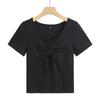 Women's Summer V-neck Drawstring Design Short-sleeved T-shirt Solid Color High Waist Small Shirt