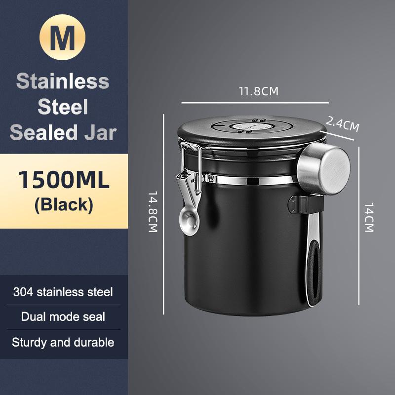1.2 1.5 1.8L Coffee Bean Jar Airtight Canister Sealed Stainless Steel With Spoon One Way Valve Cannister Coffee Storage Kitchen