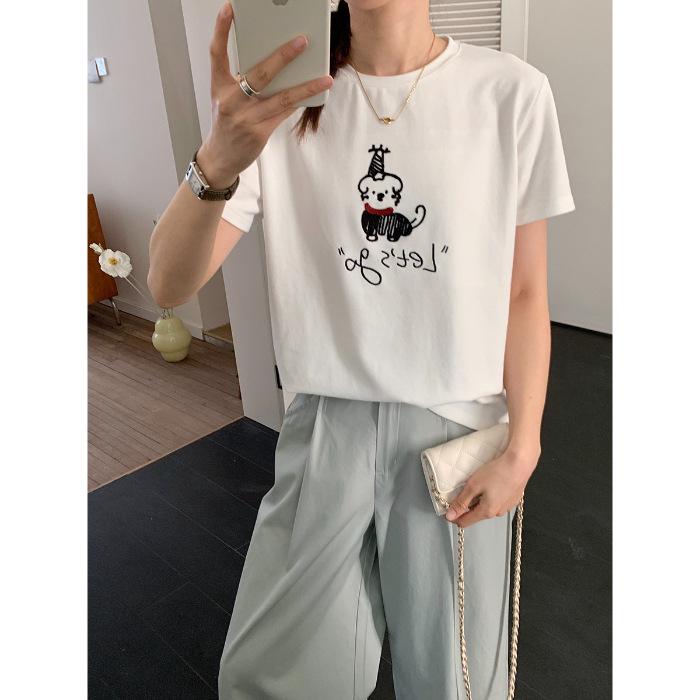 

2025 Лето Женская Футболка с Коротким Рукавом в Корейском Стиле, Красный Шарф, Вышивка Щенка L белый