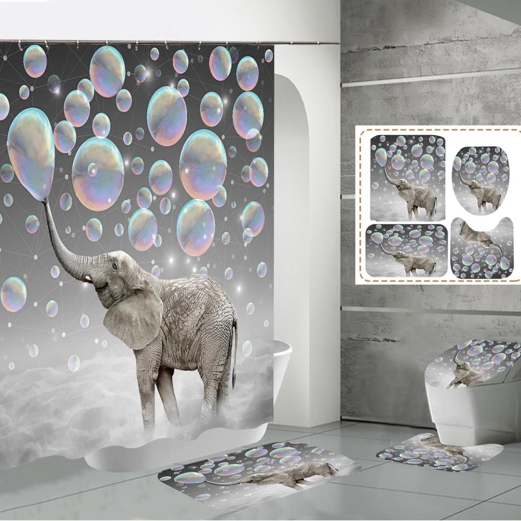 Polyester Elephant 3D Digital Printing Bathroom Personalized Partition Shower Curtain Four-Piece Set