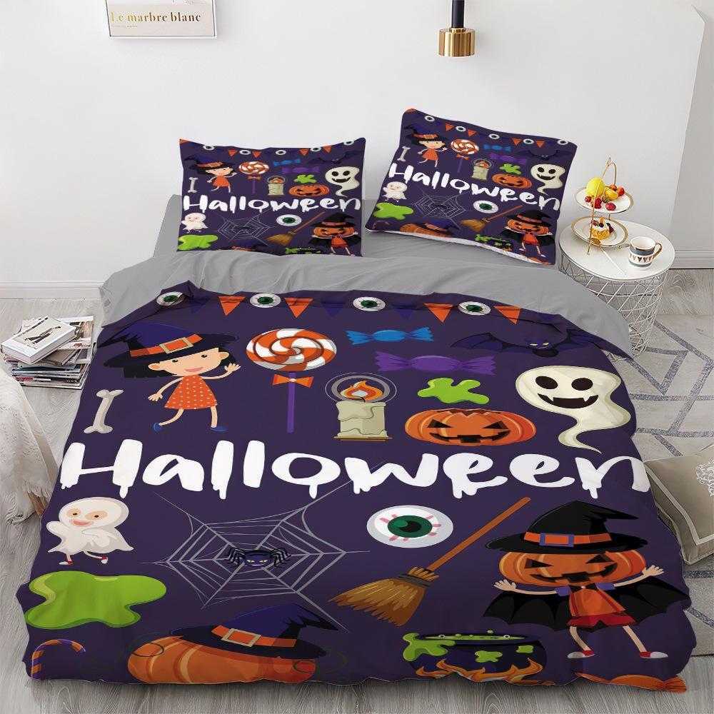 Halloween Horror And Fun, Three-Piece Set Of Polished Bedding, Four-Piece Set Of Bed Hat And Quilt Cover, Printed.