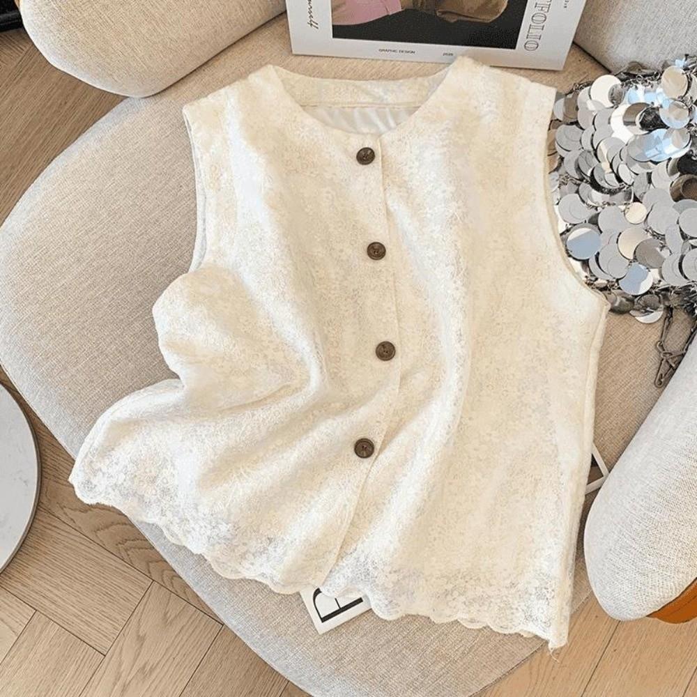 O-Neck Lace Vest Single Breasted Sleeveless Waistcoat Cardigan Jacquard Pattern Solid Color Vest Jacket Spring Autumn