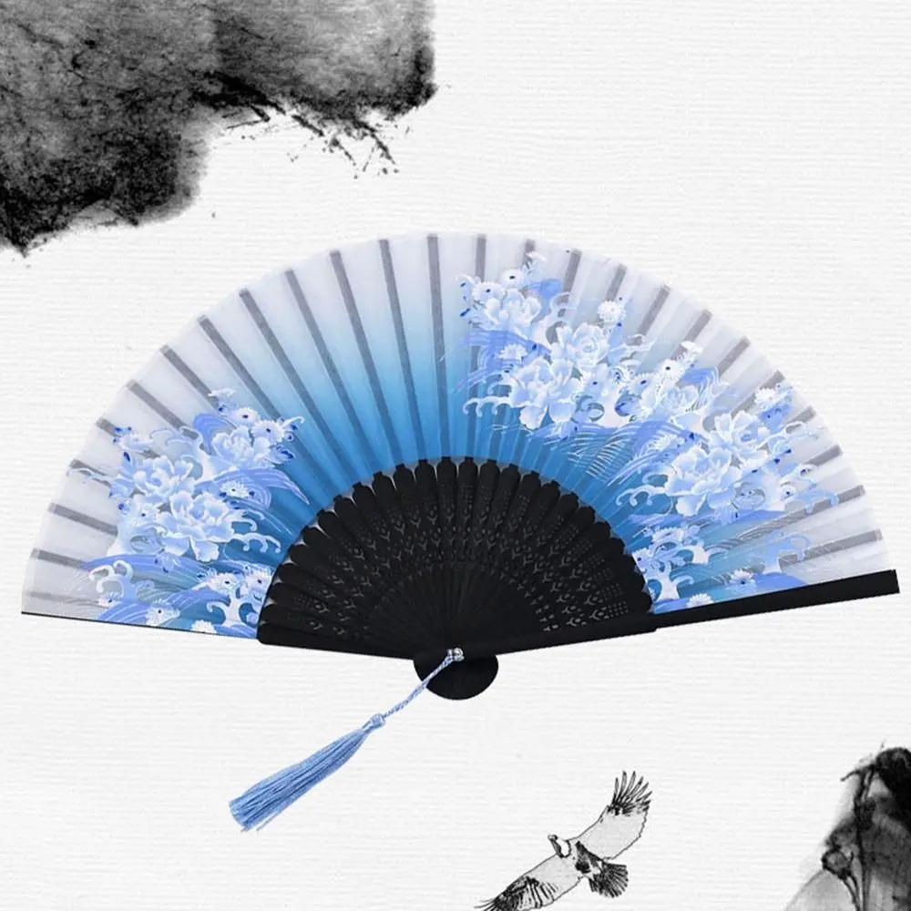 Silk Chinese Japanese Folding Fan Colorful Bamboo Vintage Style Folding Fan Hand Fan Tassel Elegent Female Fan