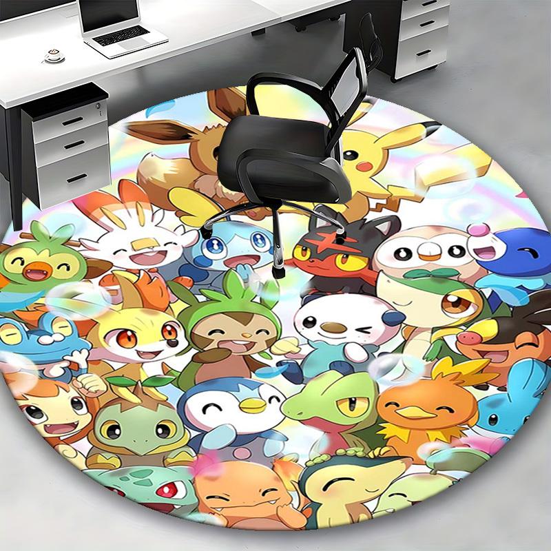 1 szt. Okrągły dywanik Pokemon Pikachu i Przyjaciele - Mata na krzesło z motywem anime do biura, wystroju domu, salonu