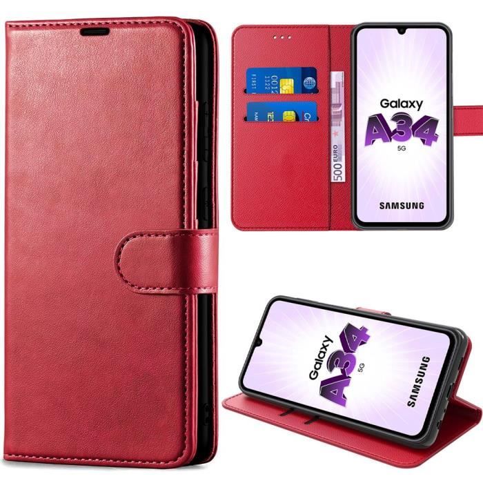 Coque pour Samsung Galaxy A34 5G Cuir Synthétique Rouge Anti-Rayures Protection 360 Degré