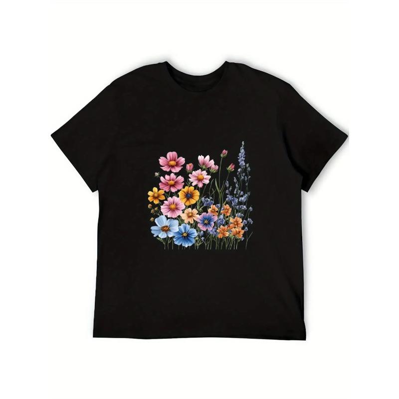 Women's Oversized Short Sleeve T-Shirt - White with Multicolor Pastel Floral Print Loose Fit Casual Top, Round Neck