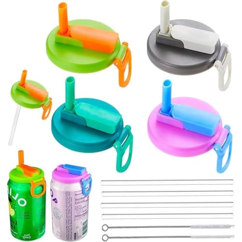 4-Pack Reusable Can Lids with Straws, Spill-Proof, and Easy-To-Clear Caps for Canned Drinks, Beer, and Juice, Includes Straws and Cleaning Brush