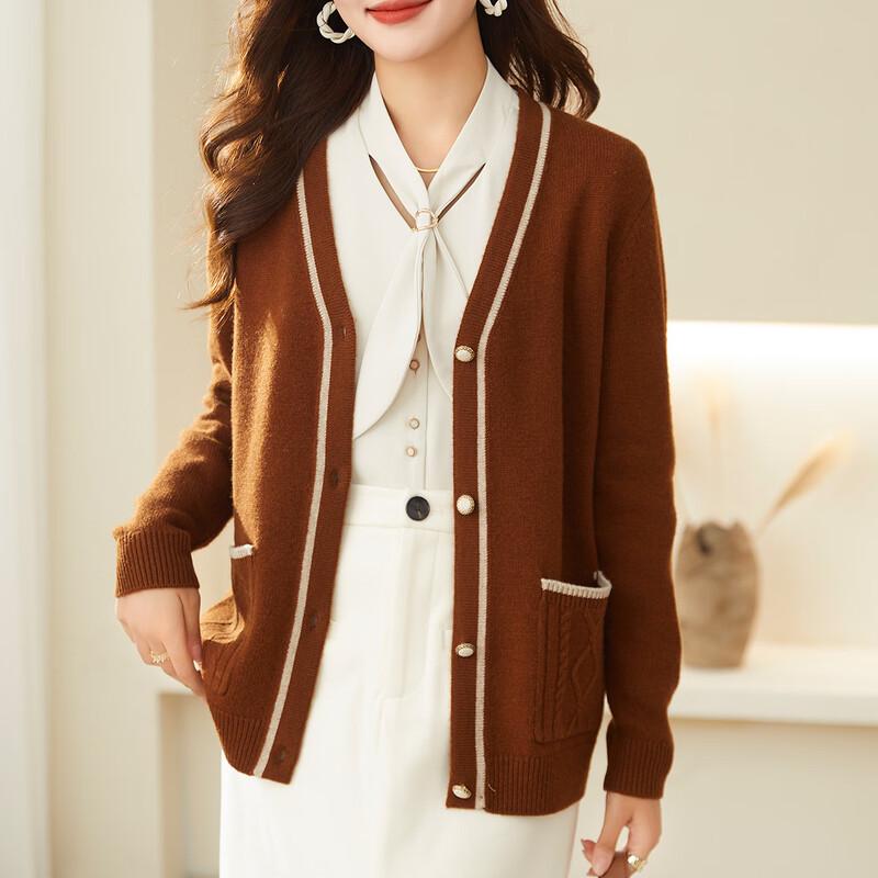 

TUHUANG Women s Pure Wool Color-Block V-Neck Cardigan L