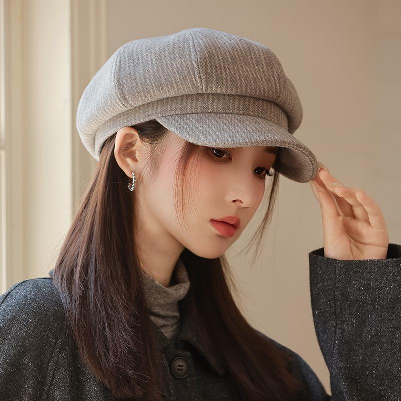 New Casual Versatile Octagonal Hat Autumn Hat Women's Big Head Circumference Showing Face Small Beret British Retro Cap