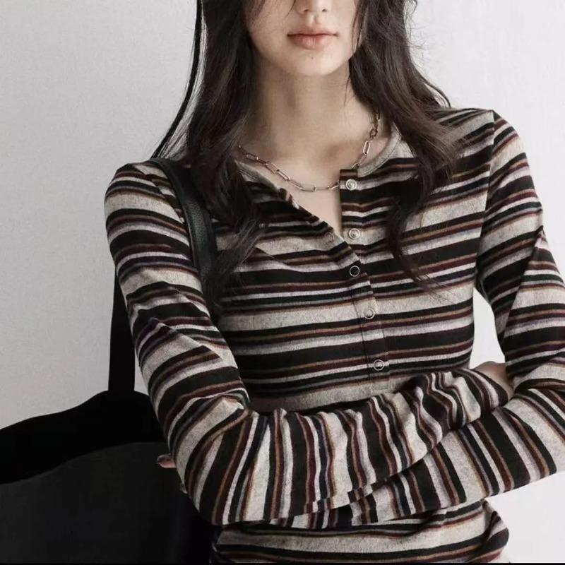 Женская полосатая футболка-henley с длинным рукавом, облегающая, повседневная, вязаная S коричневый