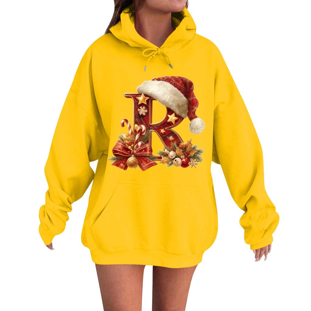 Women's Casual Comfortable Long-Sleeved Christmas Letter-Printed Warm Hooded Crew-Neck Sweatshirt