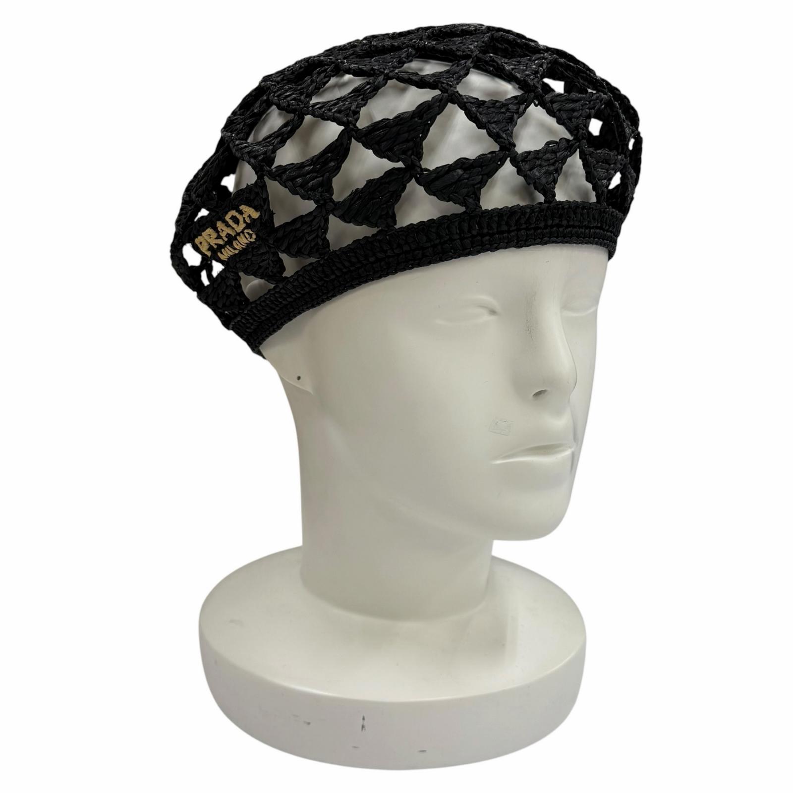 Excellent PRADA beret Logo-emblazoned crochet black Viscose Women L 1HC266 Used
