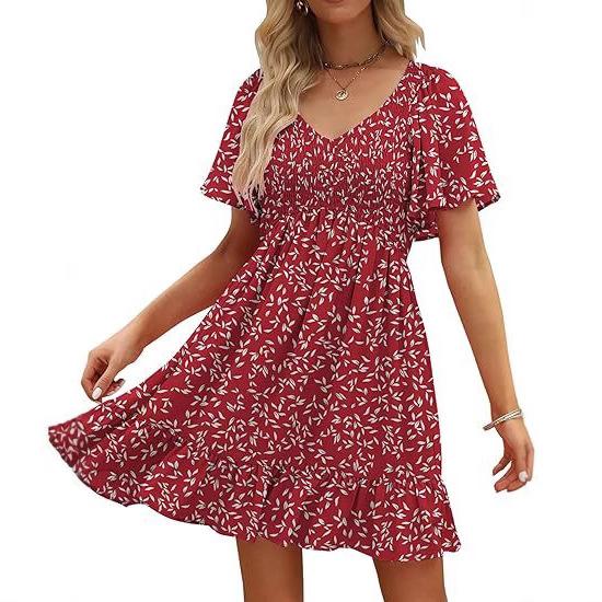 

Red White Floral Print V-Neck Short Sleeve Dress with Ruffled Hem and Waist Pleats, Casual Summer Dress for Women, Available in Multiple Colors S красный