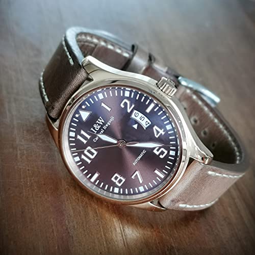 Hemsut Genuine Leather Watch Band, Horween Soft Leather Material, 22mm, Natural Leather Color + White Stitching, Stainless Steel Silver Watch Buckle,