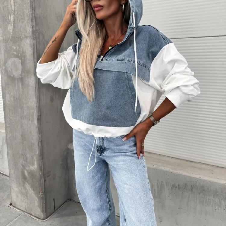 Women Autumn Long Sleeve Denim Hoodies Pullovers Stitching Sweatshirts Tops for Ladies