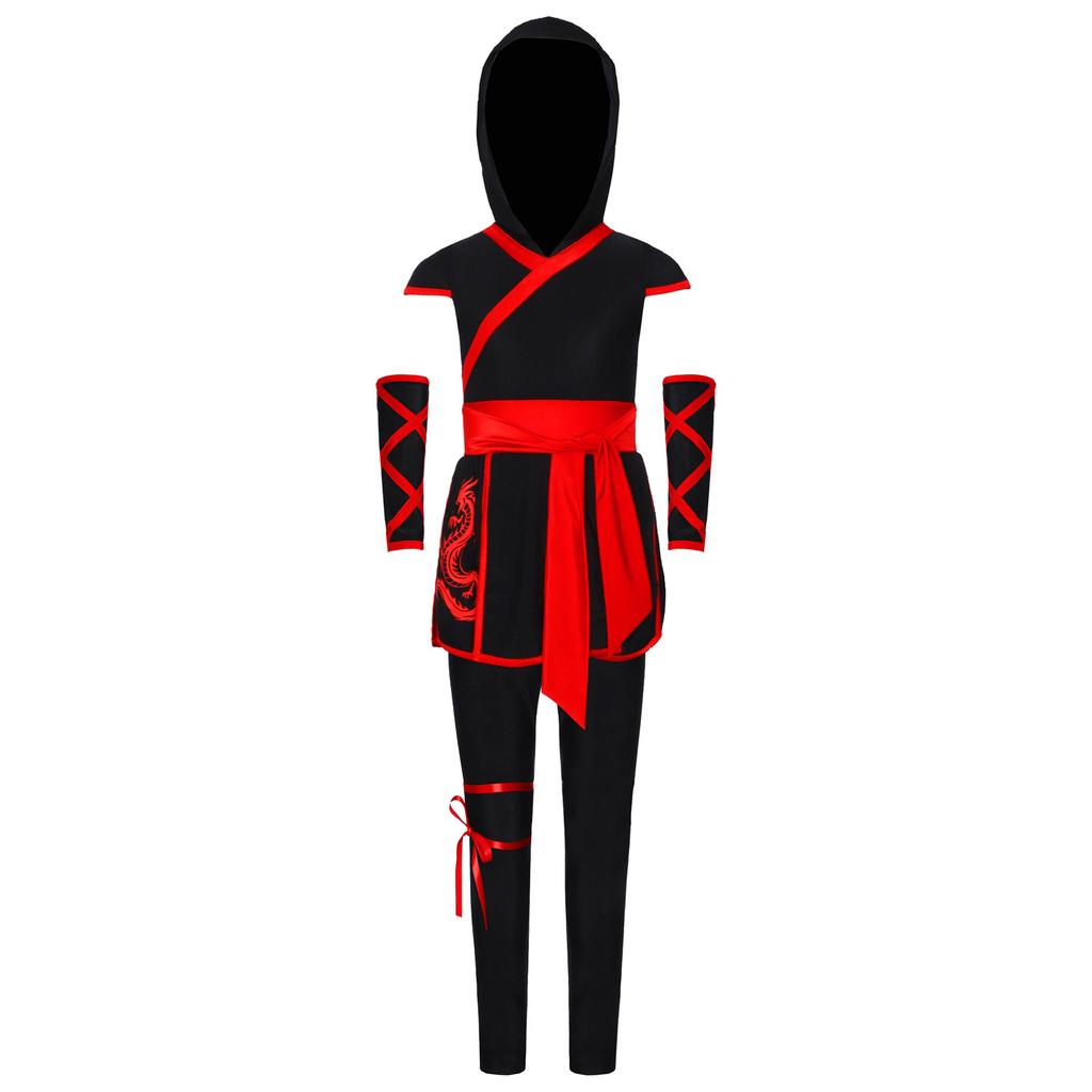 Costume Cosplay Ninja Unisex per Bambini Top con Cappuccio Stampa Drago Ampia Fascia Fondo Spaccato Set Guanti Pantaloni