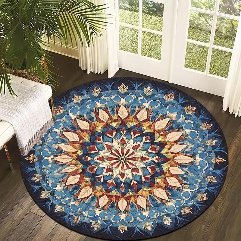 Farmhouse Bohemian Floral Round Rug Vintage Botanical Kaleidoscope Print Non Slip Circular Mat for Living Room Bedroom