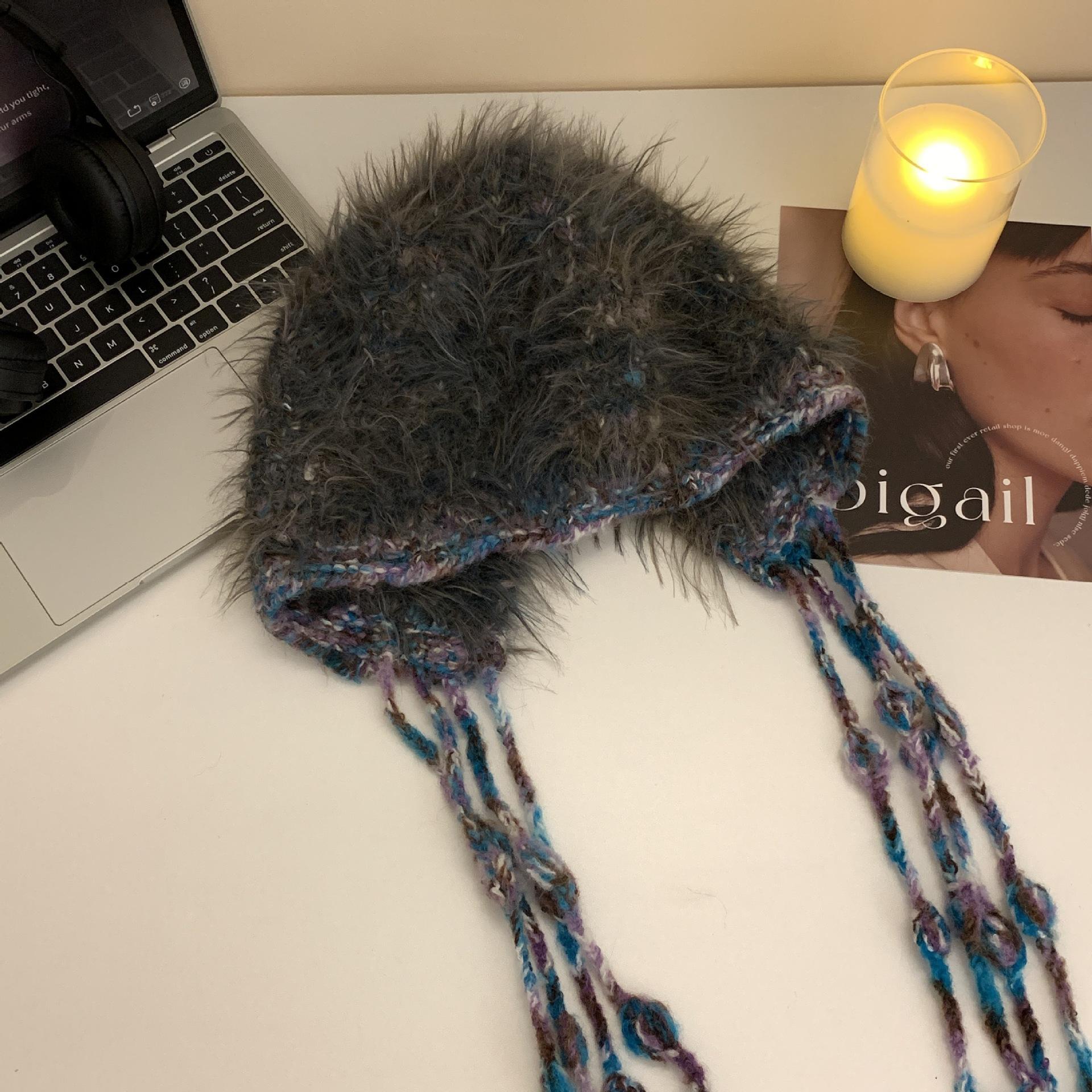 

Зимняя шапка из бахромы шерсти, вязаная плюшевая шапка смешанного цвета, женский теплый универсальный головной убор с защитой ушей One size