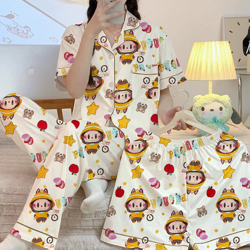 Sweet Girl Spring And Summer Short-Sleeved Pajamas Three-Piece Set Cute Cartoon Loose And Comfortable Loungewear