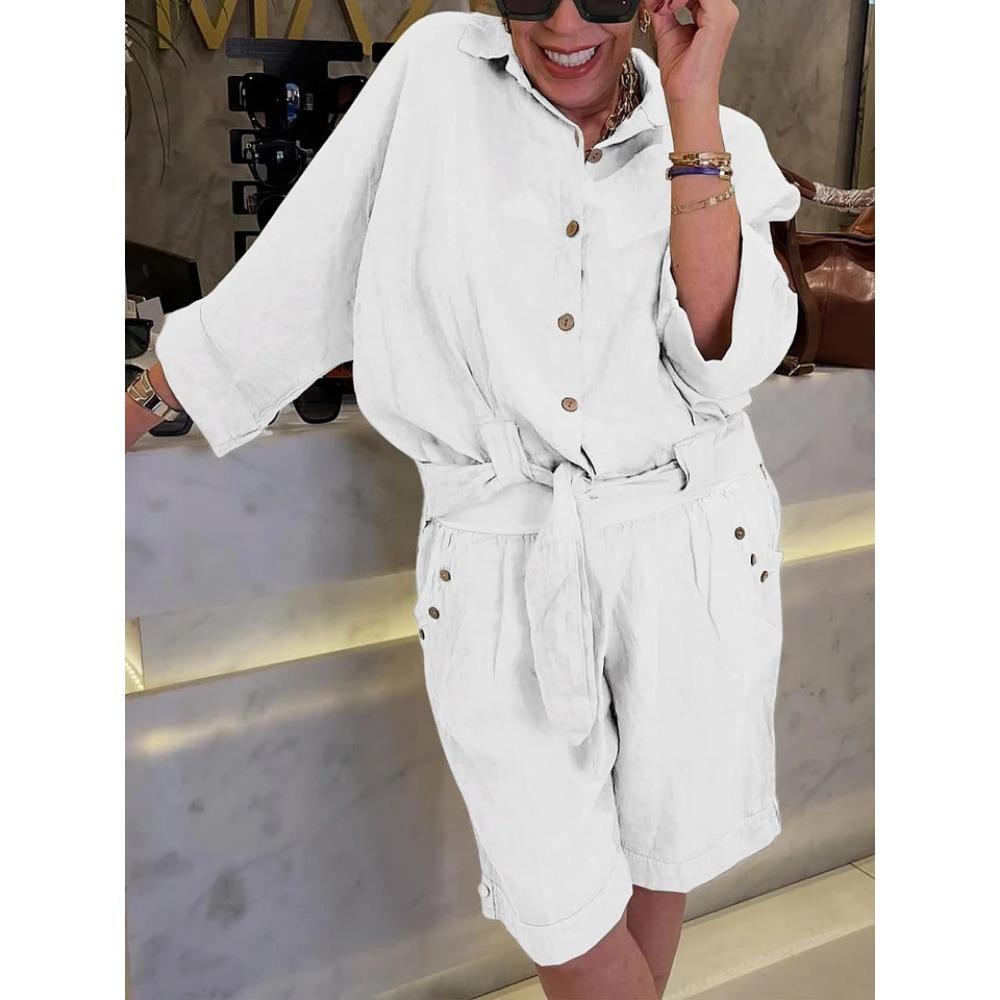 

Однотонный кардиган с лацканами и длинными рукавами, с топом на шнуровке, шортами с эластичной талией и широкими штанинами, повседневный костюм для женщин 5XL белый