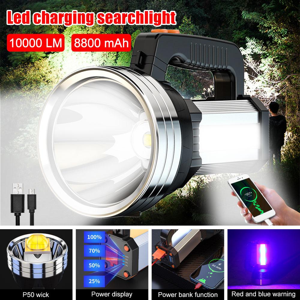 10000LM 1000M Lonag Range 50W Most Powerful LED Flashligh Portable Spotlights USB Charging Searchlight Outdoor Tactical Torch