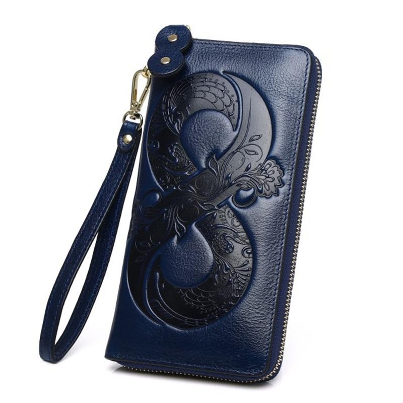 Vintage Genuine Leather Woman Wallet Floral Real Cow Leather Purse Ladies First Layer Cowhide Clutch Bag