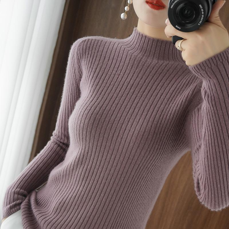 Autumn Winter Semi High Neck Sweater Women Slim Fit Pullover Solid Color Base Layer Long Sleeve Tight Knit Top