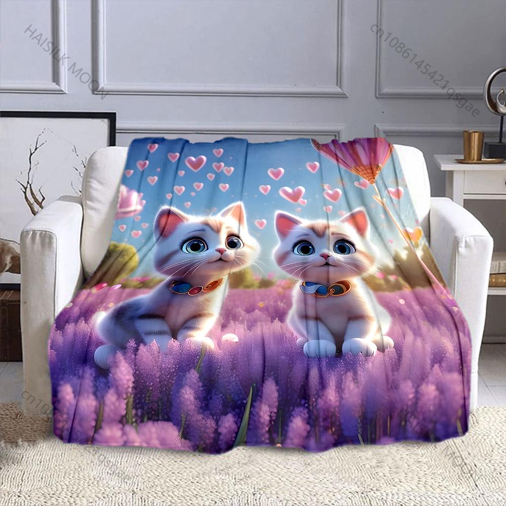 Two Kittens and Purple Flowers Print Blanket Warm Soft for Sofa Bed Home Travel Camping Blanket All Seasons Holiday Gifts 75x90cm