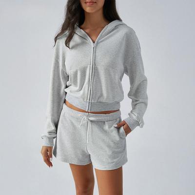 Autumn Women's Sports Style Hooded Cardigan Sweatshirt Jacket Casual Sweatpants Shorts Suit