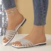 Fashion Shiny Rhinestone Slide Sandals for Women Summer 2025 Fashion Square Toe Flat Summer Slippers Woman Lightweight Beach Flip Flops