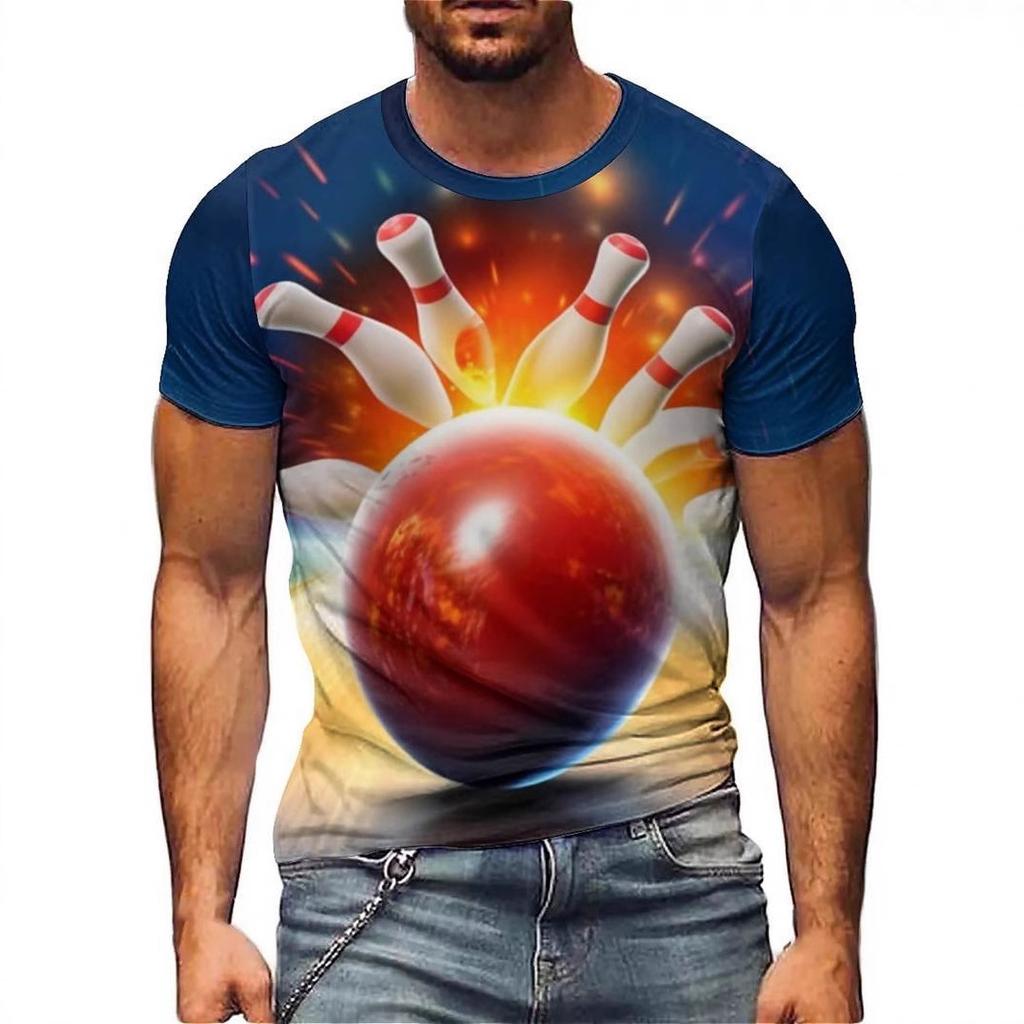 Καλοκαιρινή Μπλούζα με Στρογγυλή Λαιμόκοψη και 3D Εκτύπωση Μοτίβου Μπόουλινγκ Μοντέρνα Ανδρικά T-shirts με Κοντό Μανίκι