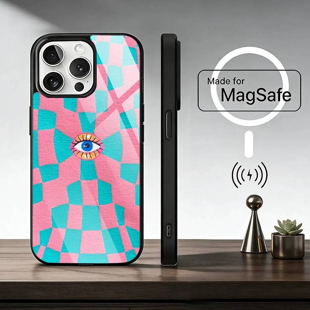 Big Eyes Trendy Print Lines Phone Case For iPhone17,16,15,14,13,12,11 Plus,Pro Magnetic For Magsafe Wireless Charging