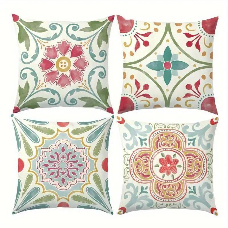 

Vibrant Boho Tile Pattern Pillowcase - Floral Medallion Print Pillow Cover for Sofa Bedroom Living Room 4PC-45x45cm