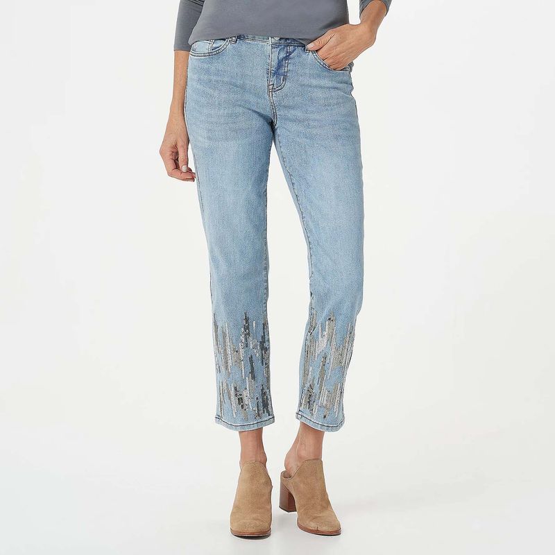 

XL plus Size Women s Clothes Temperament Wild Casual Cropped Pants High Waist Stretch Chubby Girl Younger Trousers Sequin Denim Blue 32