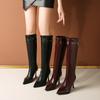 2025 Autumn New European and American Style Pointed Head Thin Heel Rivet High Boots High Heel Boots Belt Buckle Large Size Knight Boots Women
