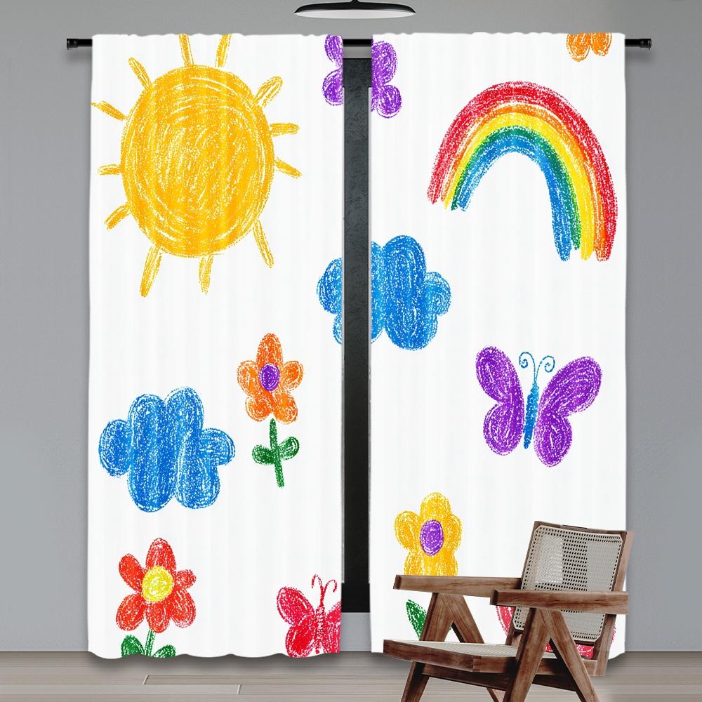 Set Of 2 Flat Printing Curtains Butterfly Rainbow Sky Digital Printed Polyester Drapes Festive Holiday Perfect Curtain