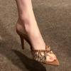 Fashion Luxury Rhinestone Mesh High Heel Slippers Women Fashion Bow Decoration Designer Shoes Comfortable Peep Toe Thin Heel Dress Shoes